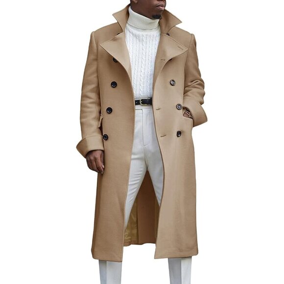 Men's Khaki Notch Lapel Double Breasted Long Trench Coat Cotton Blend Pea coat